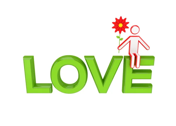Big word LOVE and 3D small person sitting on it. — Stock Photo, Image