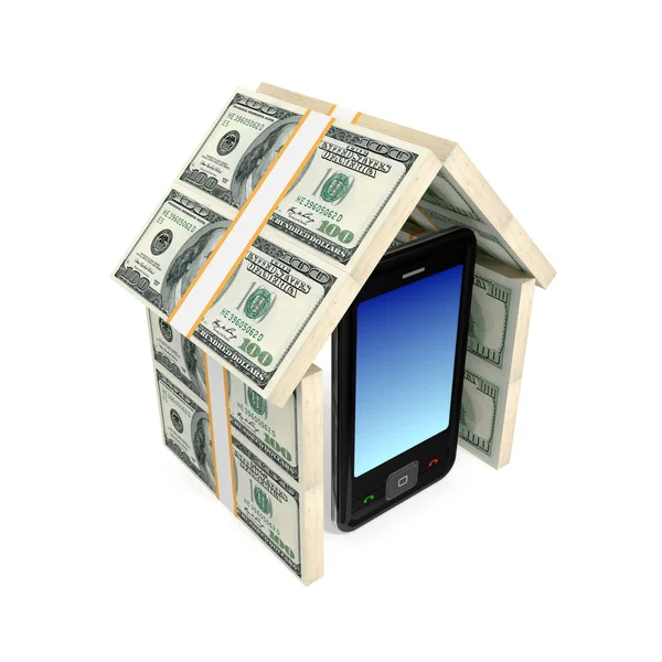 Moderne mobiele telefoon onder het dak gemaakt van geld. — Stockfoto