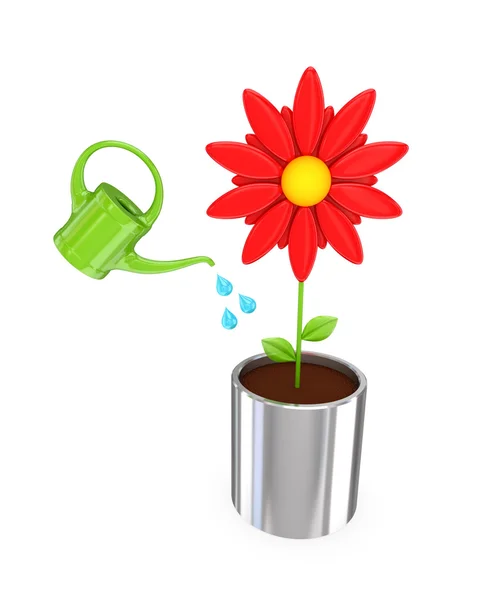 Grande fleur rouge dans un pot chromé et une annonce verte . — Photo