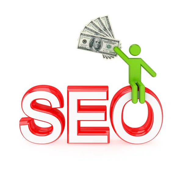 Stock image 3d small person sitting on a word SEO.