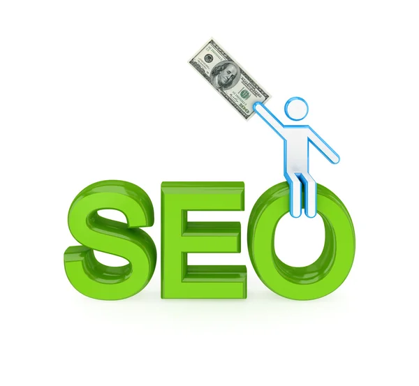 stock image 3d small person sitting on a word SEO.