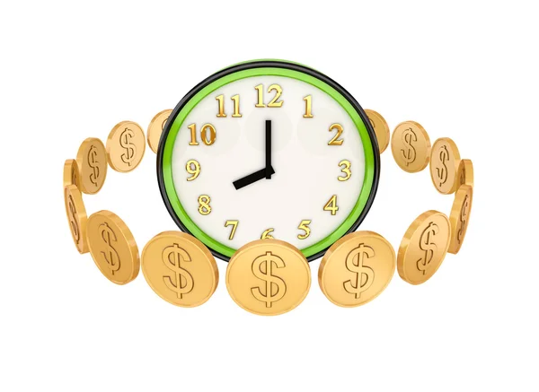 Gouden munten rond groene horloges. — Stockfoto