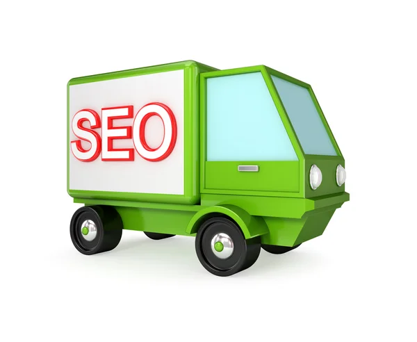 Green truck with a word SEO on a body. — Stock Photo, Image