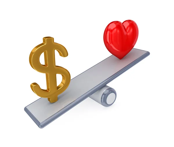 Rotes Herz und Dollarzeichen auf einfachen Waagen.. — Stockfoto