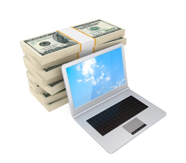 Laptop e pacote de dinheiro grande . — Fotografia de Stock