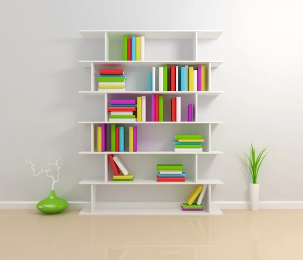 Weißes Bücherregal mit bunten Büchern. — Stockfoto