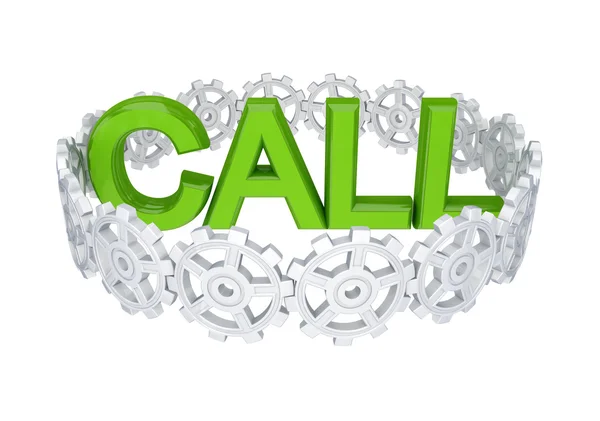 White gears around big green word CALL. — Stock Photo, Image