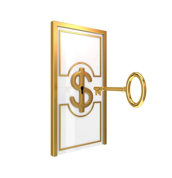 Abstract door with golden ornate frame and antique key. — Stock Photo, Image