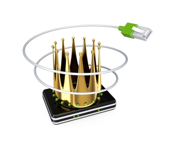Router, patchcord en gouden kroon. — Stockfoto