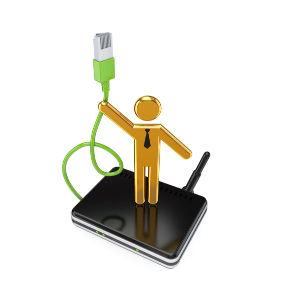 Router, Patchkabel und 3D kleine Person. — Stockfoto