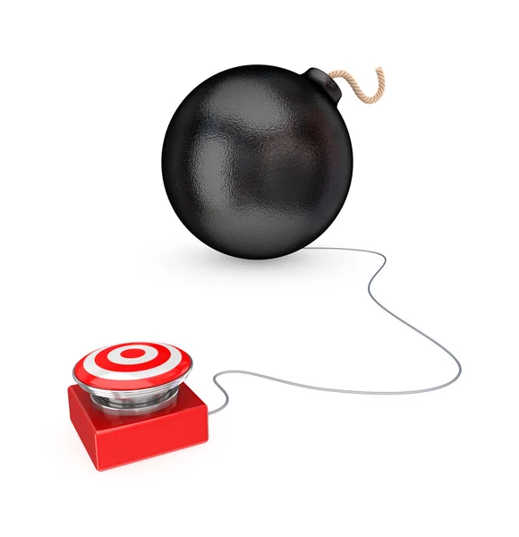 Großer roter Knopf und schwarze Bombe. — Stockfoto