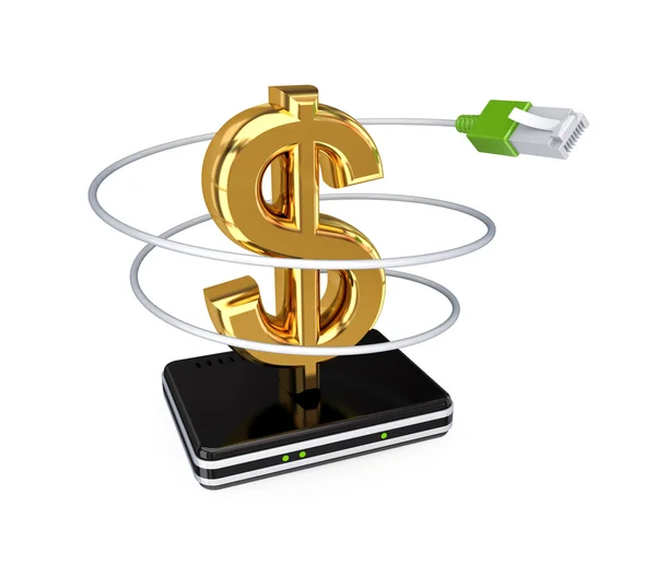 Router, patchcord and golden dollar sign. — Stock Photo, Image
