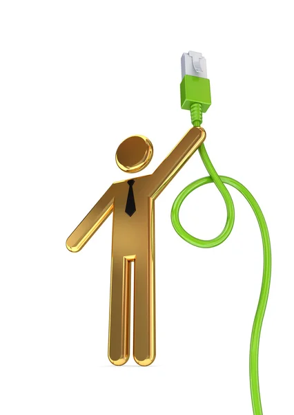 Golden 3d small person and patchcord. — Stock Photo, Image