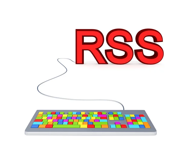 Bunte PC-Tastatur und großes rotes Wort rss. — Stockfoto