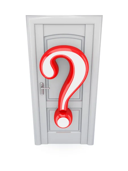 Bílé dveře a červená dotaz znamení. — Stock fotografie