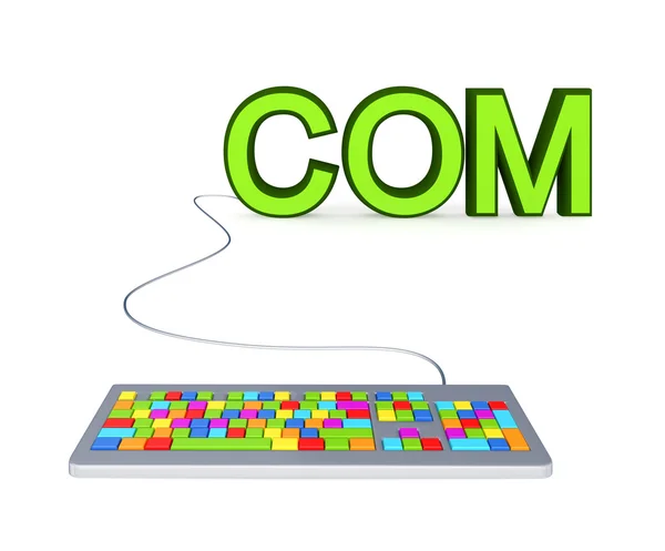 Барвиста клавіатура ПК і велике зелене слово COM . — стокове фото