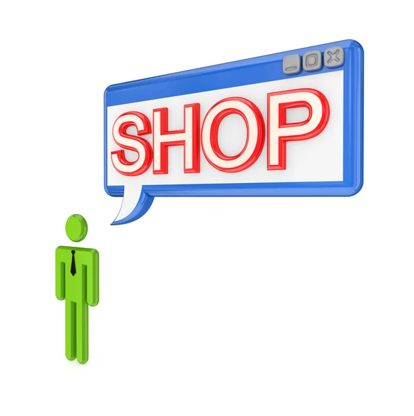 3D liten person och os-fönstret med ordet shop. — Stockfoto