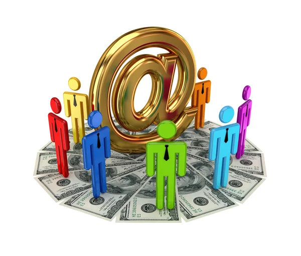 3d small standing on a dollars and email sign. — Stock Photo, Image