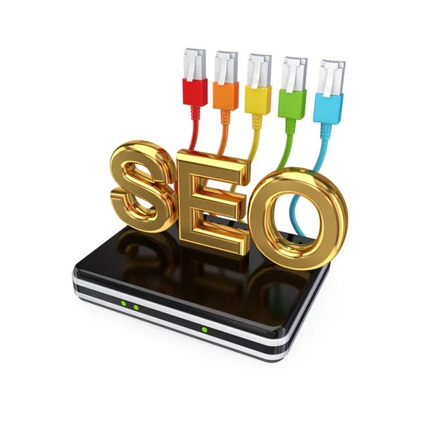 Router, colorful patchcords and big word SEO. — Stock Photo, Image