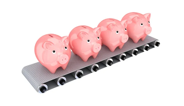 Pink piggy banks on grey conveyor. — Stock Photo, Image
