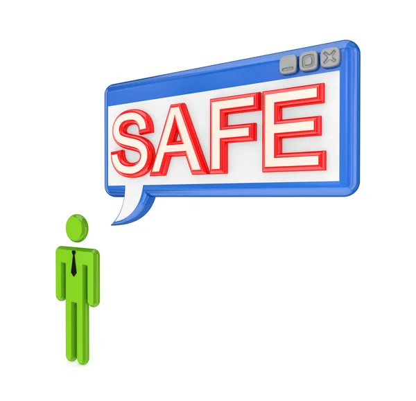 3d small person and OS window with word SAFE. — Stock Photo, Image