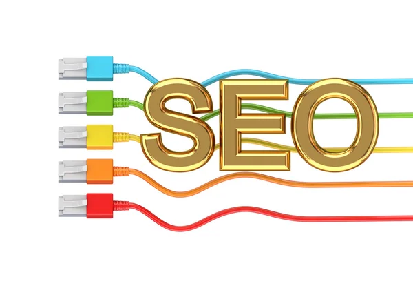 stock image Colorful patchcords and golden word SEO.