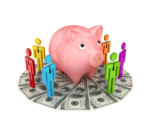 3d small standing on a dollars and pink piggybank. — Stock Photo, Image