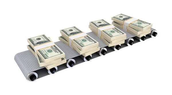 Dollarn förpackningar på grå transportband. — Stockfoto