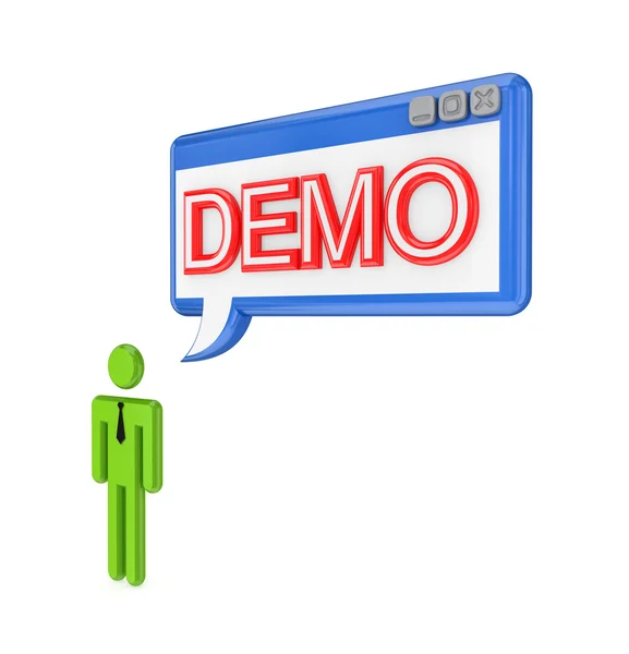 3d piccola persona e finestra del sistema operativo con la parola DEMO . — Foto Stock