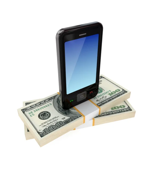 Modern mobile phone and dollar packs. — Stock Photo, Image