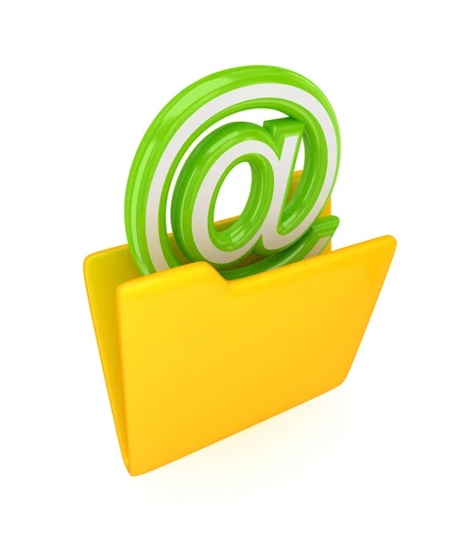 Gelber Ordner und grünes E-Mail-Zeichen. — Stockfoto