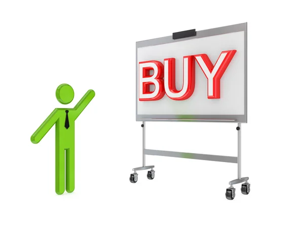 3d small person, flip chart and big word BUY. — Stock Photo, Image