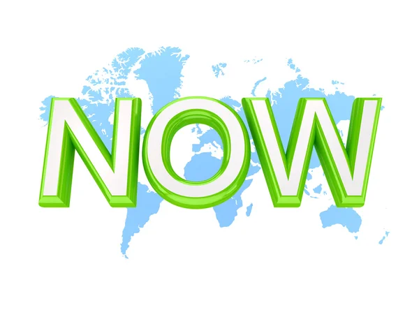 Palavra verde NOW e mapa do mundo — Fotografia de Stock