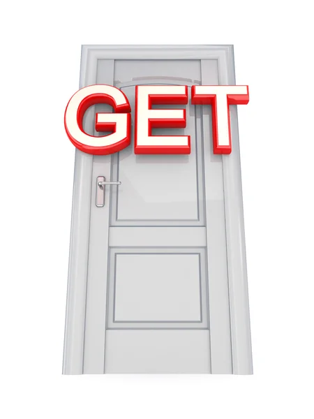 Witte deur met een rode woord krijgen. — Stockfoto