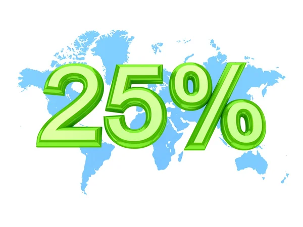 Dünya Haritası ve yeşil yazıt 25 procents — Stok fotoğraf