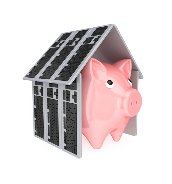 Pink piggy bank under a roof made of PC keyboards. — Stock Photo, Image