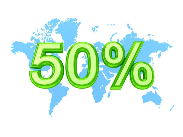 Světová mapa a zelený nápis 50 procents — Stock fotografie