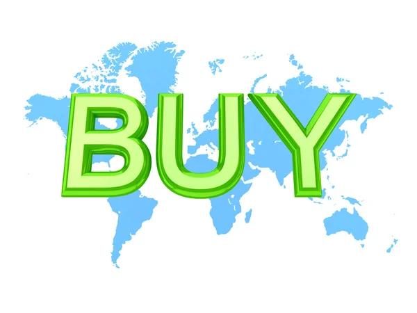 Werelds kaart en groen woord kopen. — Stockfoto