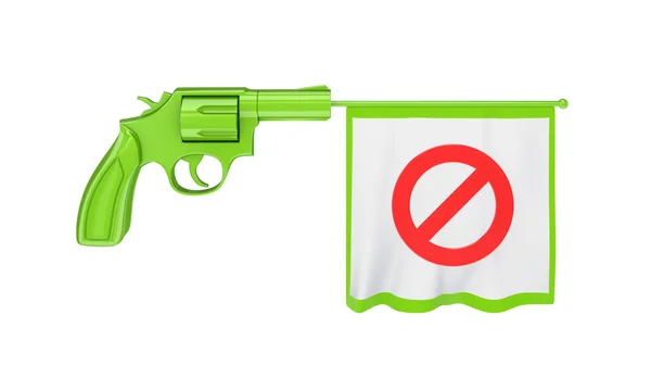 Revolver shoting a white bunner with red stop sign. — Stock Photo, Image
