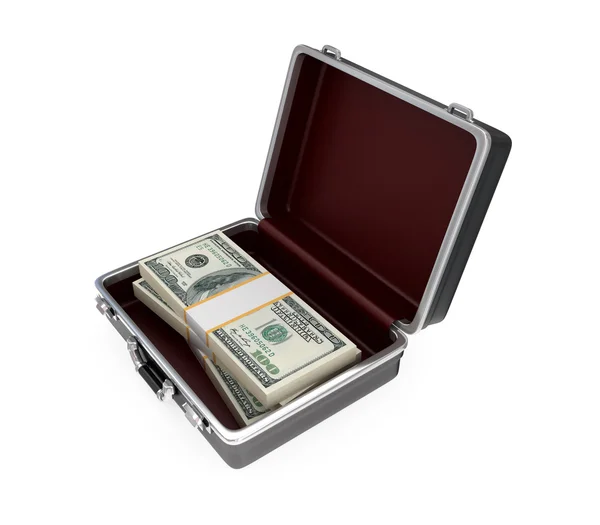 Valise ouverte et grand paquet de dollars à l'intérieur . — Photo