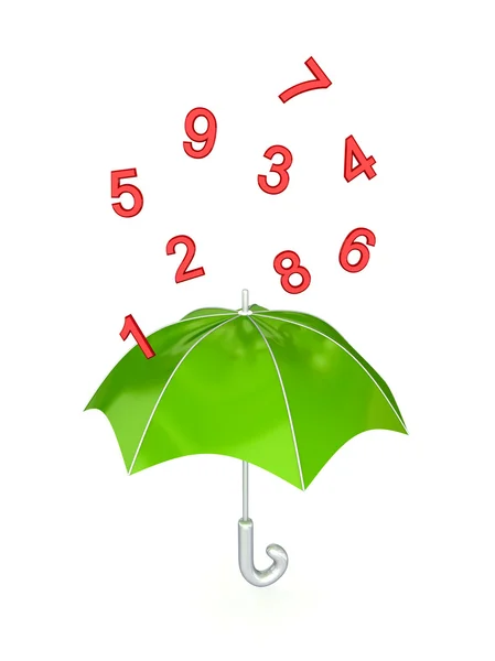Grüner Regenschirm im Regen roter Zahlen. — Stockfoto