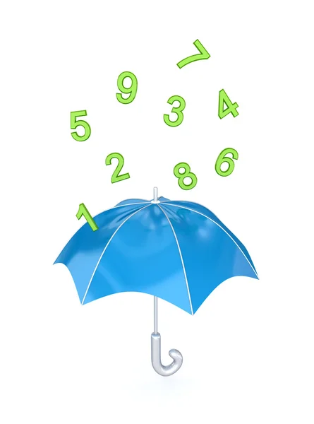 Blauer Regenschirm im Regen grüner Zahlen. — Stockfoto