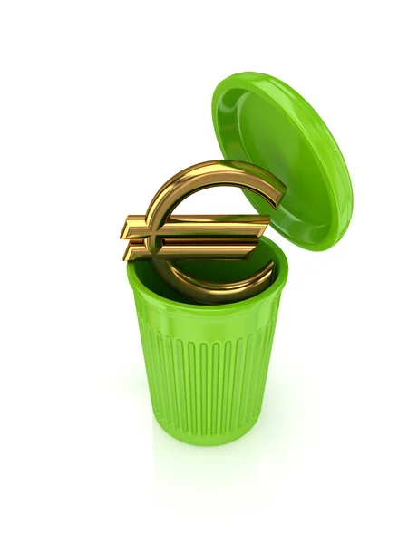Sinal de euro dourado numa lixeira verde . — Fotografia de Stock