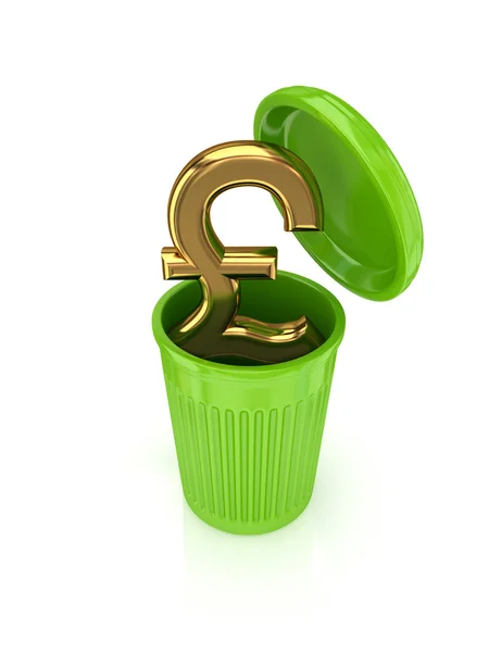 Golden pond sterling teken in een groen recycle bin. — Stockfoto