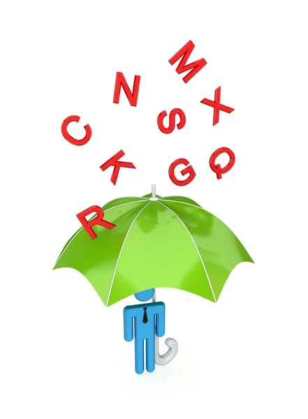 3D kleine Person mit großem Regenschirm im Buchstabenregen. — Stockfoto