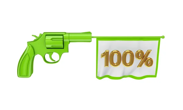 Grüner Revolver und weiße Fahne mit goldener Aufschrift 50 Prozente — Stockfoto