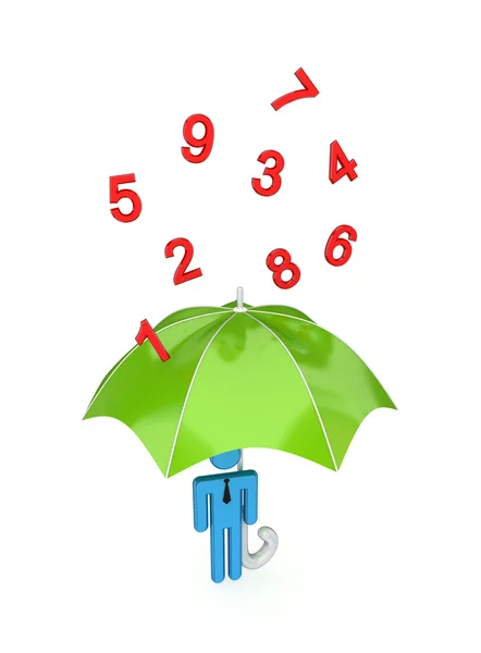 3d small person with big umbrella under the rain of numbers. — Stock Photo, Image