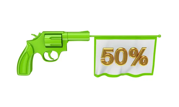 Green revolver and white flag with golden inscription 50 procents — Stock Photo, Image
