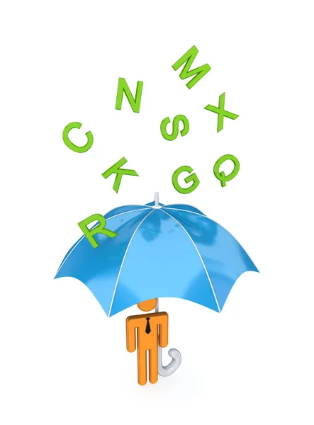 3D liten person med stora paraply under regn av bokstäver. — Stockfoto