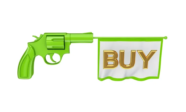 Green revolver and white flag with a golden word BUY. — Stock Photo, Image